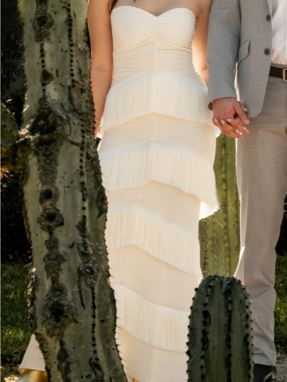 House of Harlow Cream Strapless Tiered Fringe Maxi Skirt